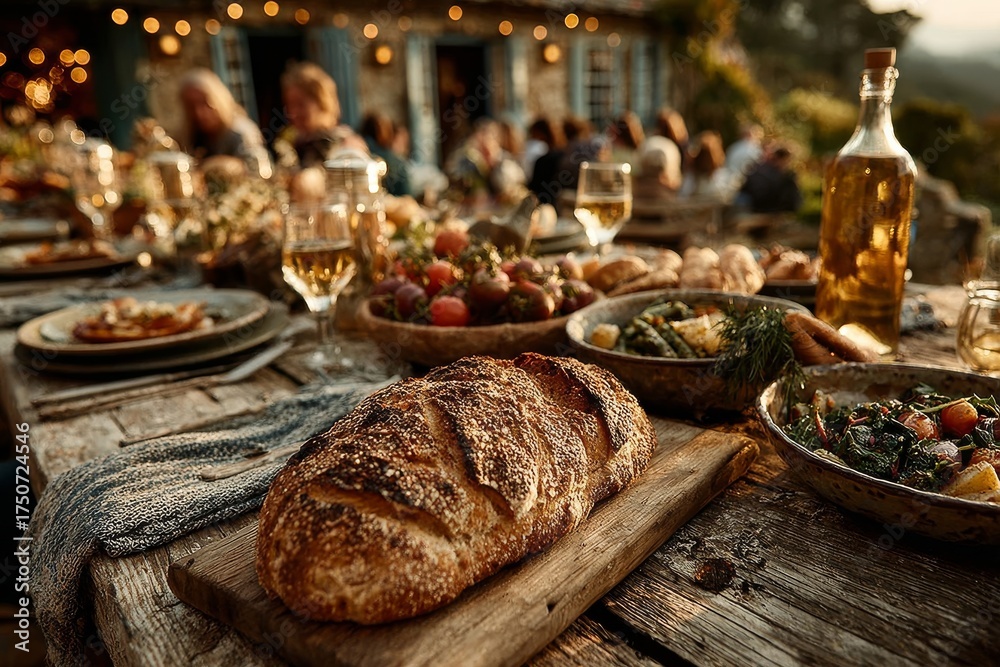 Fototapeta premium A rustic wooden table set outdoors. Generative AI