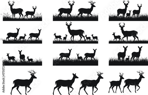 Deer silhouettes in grassy landscape, black vector illustration showing family groups, antlered bucks, does, and fawns for wildlife and nature themes