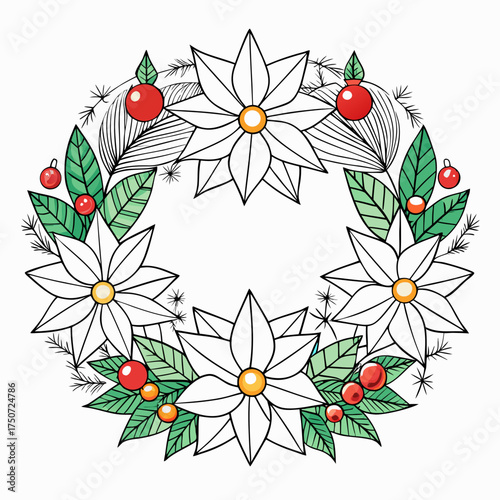 Festive Christmas wreath with white poinsettias, green leave,s red berries and pine needles