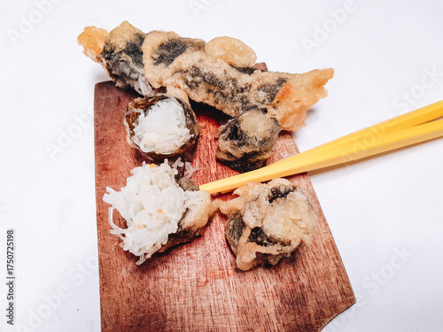Korean Fried seaweed rolls, Kimmari or Gimmari on white background. korean food concept