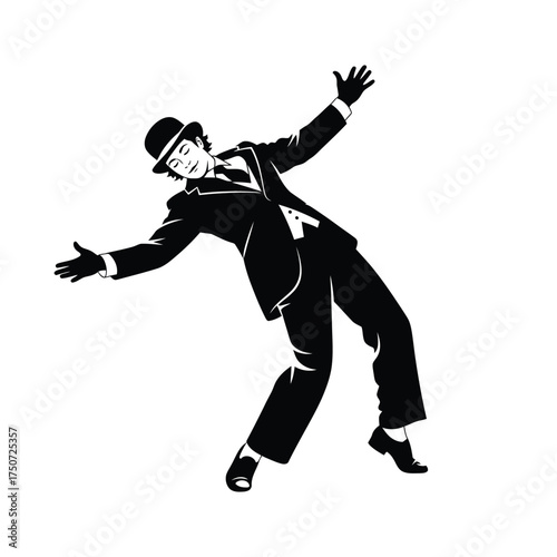 Black and white illustration of a man in a suit and bowler hat dancing with arms outstretched silhouette