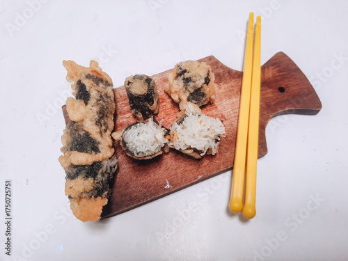 Korean Fried seaweed rolls, Kimmari or Gimmari on white background. korean food concept