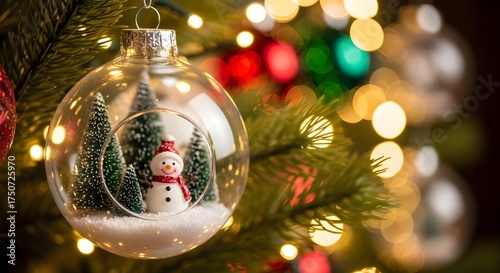 Christmas background. Xmas ornaments Glass ball with snow inside