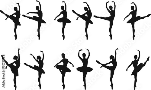 Elegant ballet dancer silhouettes in classical poses, pirouettes, arabesques, and attitudes for dance-themed vector design and educational use.