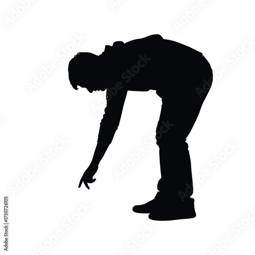 Silhouette of a person bending over with their arm extended towards the ground in a black and white image