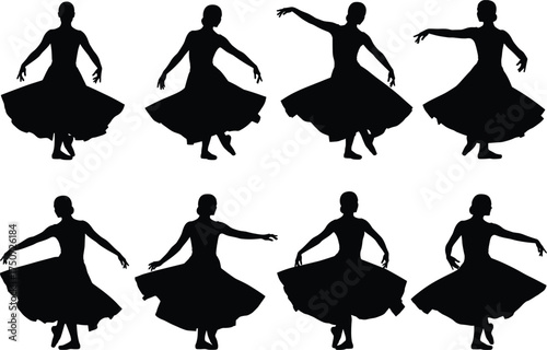 Elegant ballet dancer silhouettes in flared skirts, graceful female poses captured in motion for dance, performance, vector art and design themes