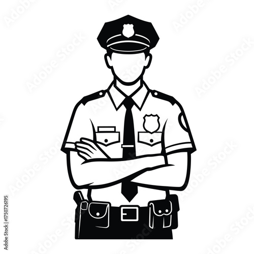 Monochrome illustration of a police officer with arms crossed wearing uniform and a cap on white silhouette