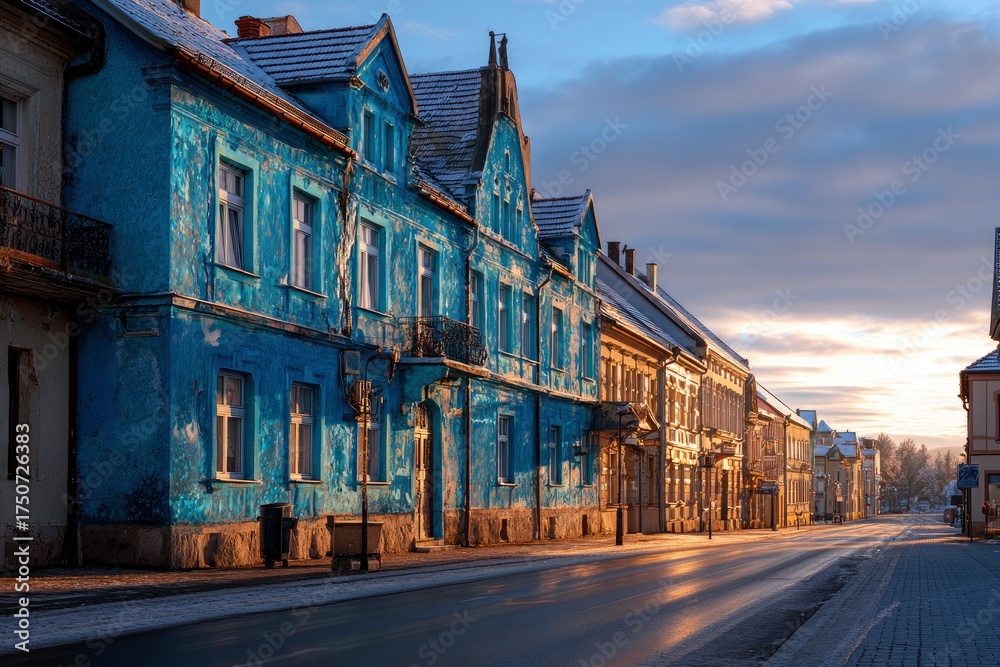 Fototapeta premium Blue buildings line a street reflecting golden light at dawn or dusk with snowy rooftops