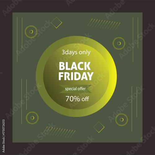 Modern black friday sale announcement with a glowing yellow oval featuring text for discounts and promotions set against a dark green textured background with subtle graphic elements