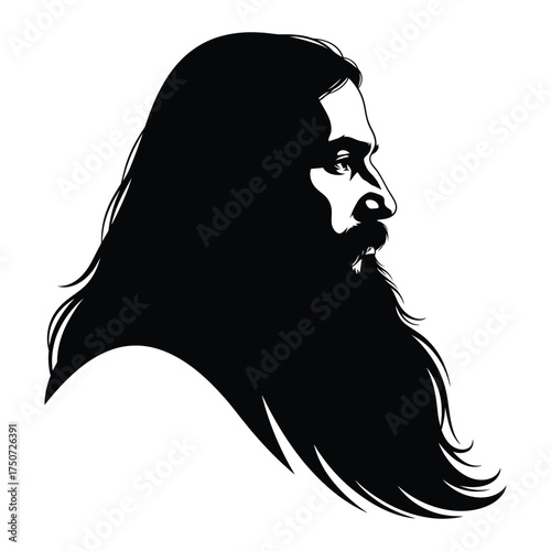 Black and white silhouette of a man with long hair and beard in a side profile view design
