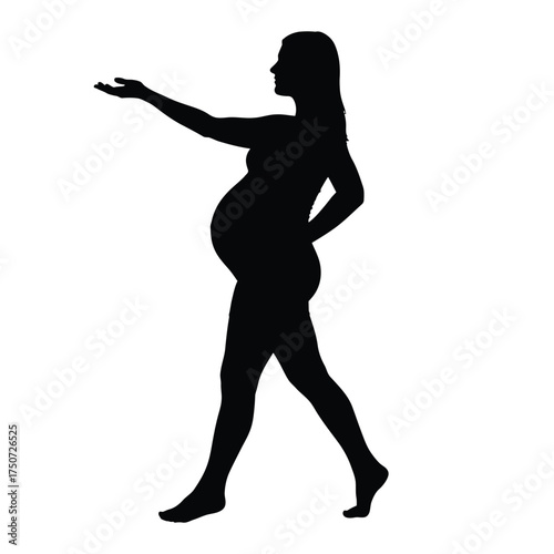 Silhouette of a pregnant woman walking with her arm outstretched against white background space
