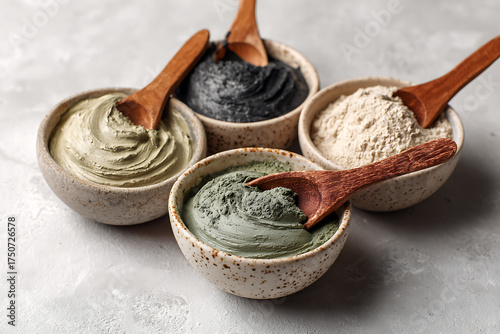 Nourishing clay masks in ceramic bowls with wooden spoons, promote radiant skincare, deep cleansing, perfect for spa day promotions and wellness brands