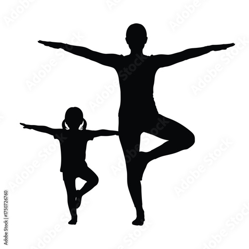 Silhouette of adult and child in tree pose yoga position against a white background image view