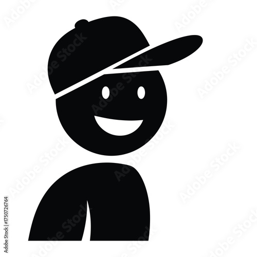 A simple black silhouette of a person wearing a baseball cap and smiling on a white background