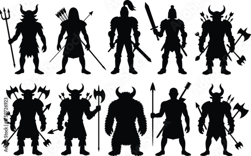 Epic fantasy warrior silhouettes with medieval weapons, monster armor, heroic poses, battle-ready characters for gaming, storytelling, and vector design