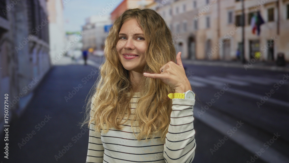 Fototapeta premium Woman holds hand pointing on a street and performs a blonde young gesture toward camera before making a call sign.
