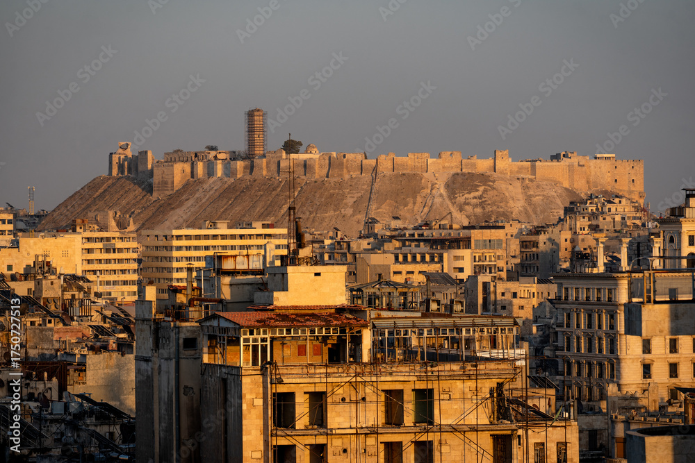 Fototapeta premium Close-up view of the Citadel of Aleppo at sunset. The ancient fortress stands majestically atop its hill, bathed in warm golden light. Its massive stone walls and towers reflect centuries of history.