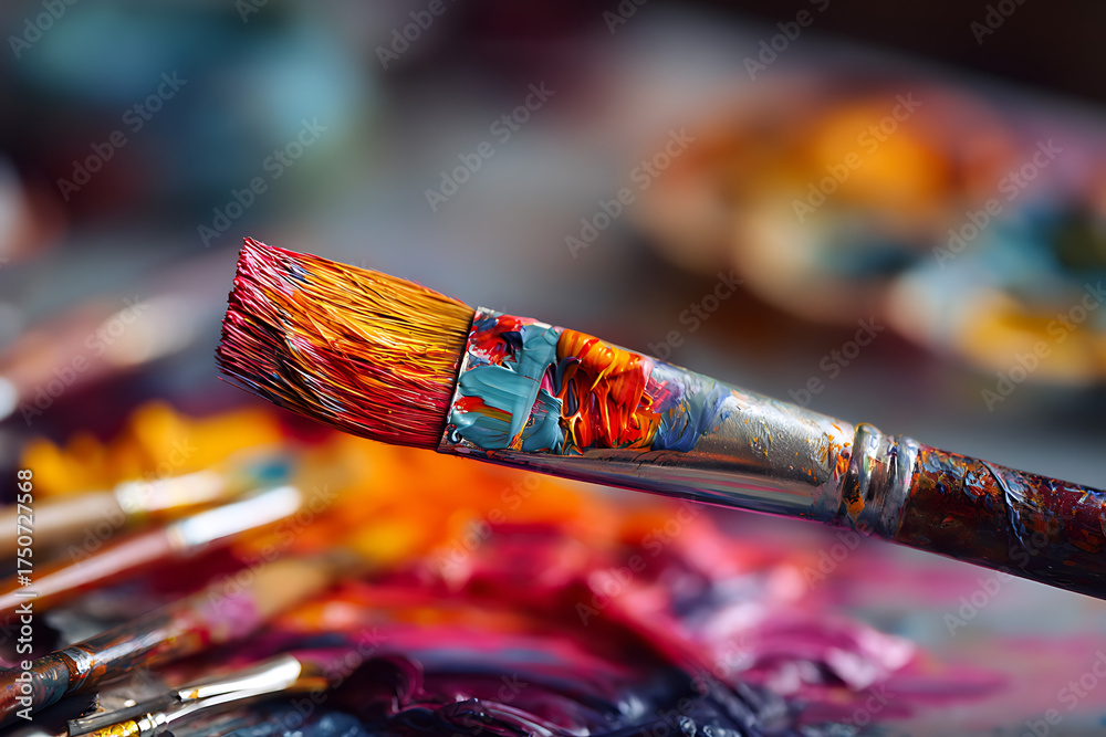 Fototapeta premium Vibrant paintbrush loaded with colorful paint ready to create masterpieces, inspiring creativity and artistic expression for visual arts projects