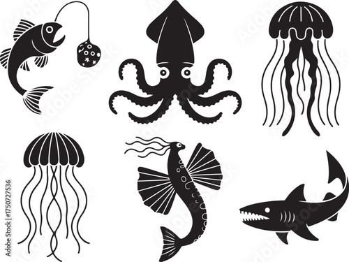 Ocean Creatures Collection: Shark, Squid, Jellyfish, Fish