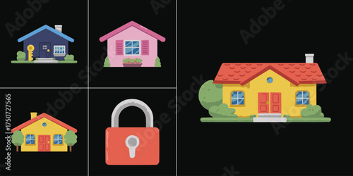Colorful house security concept illustration showing home safety protection and property insurance symbol
