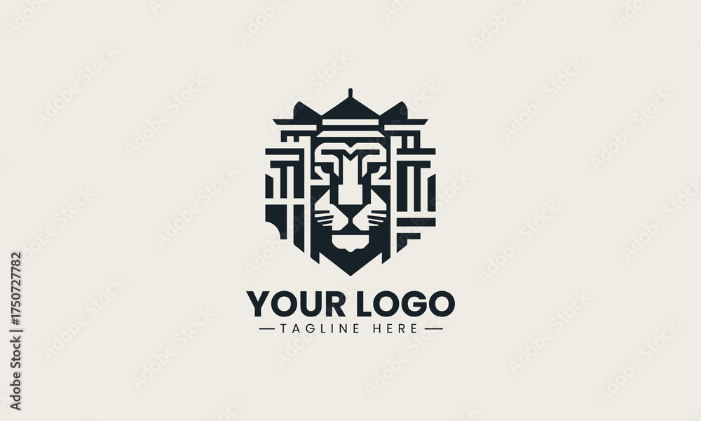 Obraz premium Powerful black vector logo illustration fusing a fierce tiger head with classical column architecture creating a strong corporate symbol
