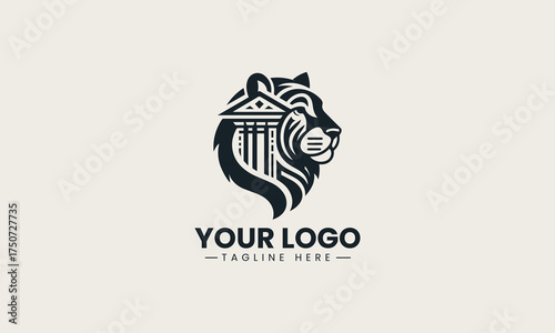 Powerful black vector logo illustration fusing a fierce tiger head with classical column architecture creating a strong corporate symbol