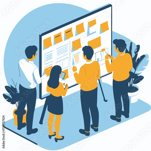 Team members collaborating on a project using a whiteboard for planning and organization.