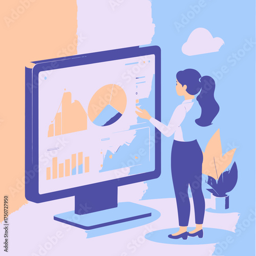Woman Analyzing Business Data and Charts on a Large Computer Monitor.