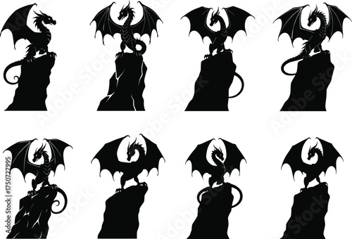 Fantasy dragon silhouettes perched on rocky cliffs in dramatic poses, ideal for mythical design, storytelling, gaming, and vector illustration use.