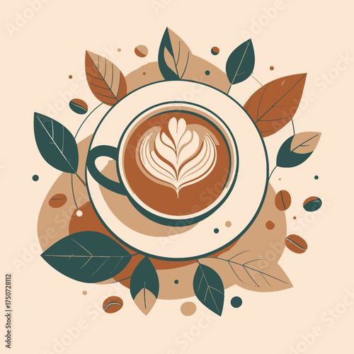 Artistic Latte Art - A Cup of Coffee Surrounded by Leaves and Beans.