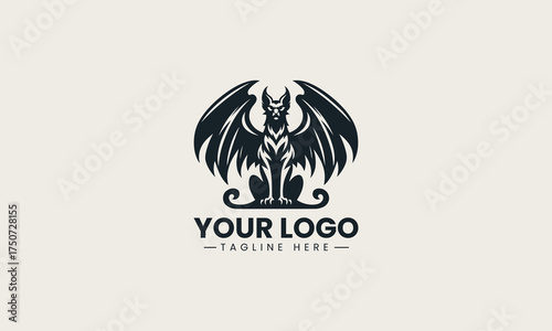 Majestic black vector logo illustration of a powerful seated mythical winged griffin creating an ancient protection symbol
