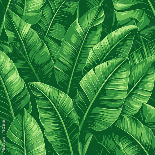 Lush Green Banana Leaves Pattern - A Tropical Botanical Illustration.