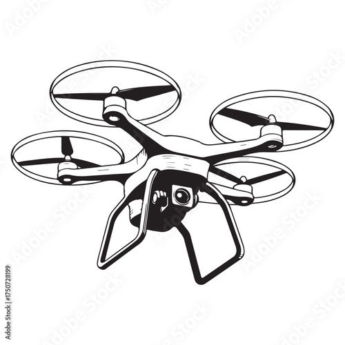 High-quality sketch of a modern drone with camera for aerial photography and videography silhouette vector