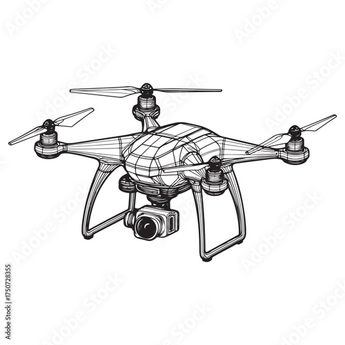 High-quality sketch of a modern drone with camera for aerial photography and videography silhouette vector