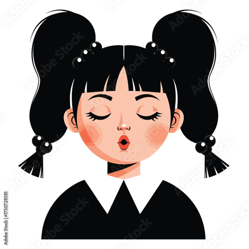 Illustration of a girl with black hair in pigtails and closed eyes with puckered lips pose silhouette