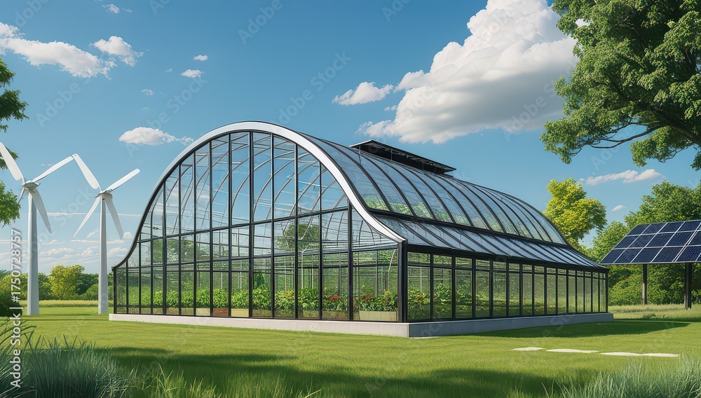 Fototapeta premium Modern greenhouse with solar panel and wind turbine on a sunny day
