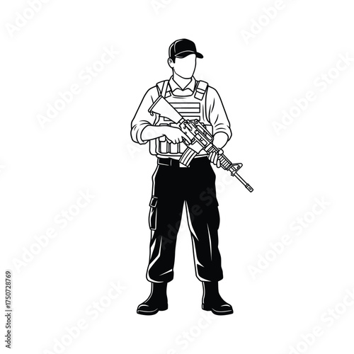 Illustration of a security guard in uniform holding a rifle standing in a defensive posture silhouette