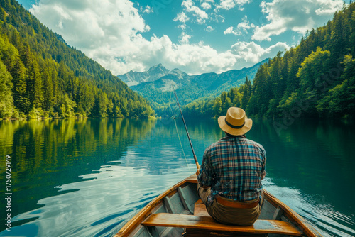 A man sits in a wooden boat, fishing on a tranquil lake, with beautiful mountains and lush forests in the background
