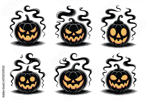 Set of six spooky jack o lantern halloween illustrations vector graphics scalable eps icon silhouette vector illustration white background