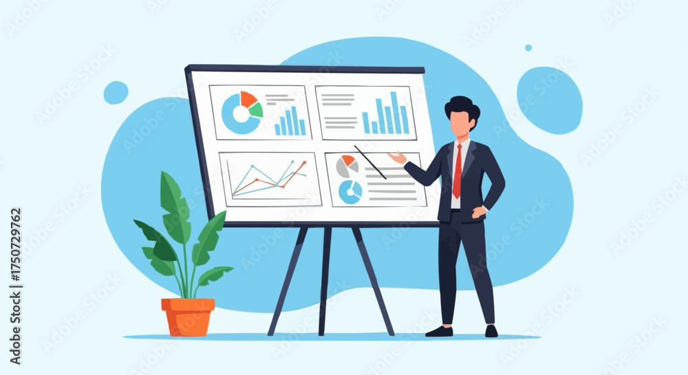 Fototapeta premium Businessman presenting financial data on a whiteboard.
