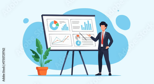 Businessman presenting financial data on a whiteboard.