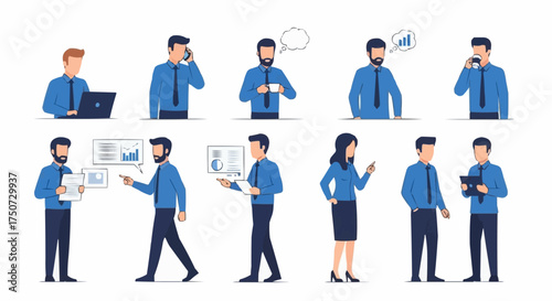 Set of flat vector business characters in various work poses and activities.