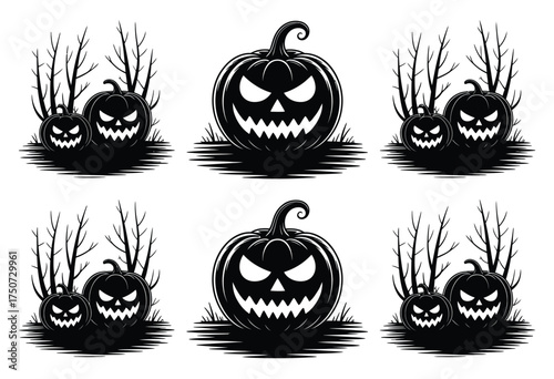 Spooky halloween jack o lantern silhouettes set scary pumpkins and bare trees for festive vector art silhouette vector illustration white background