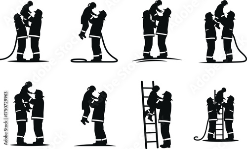 Firefighter rescuing children silhouette vector set showing heroic emergency rescue scenes, safety gear, compassion, bravery, ladder, hose, and 