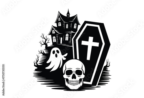 Spooky halloween illustration vector graphic featuring haunted house coffin ghost and skull scalable eps silhouette vector illustration white background