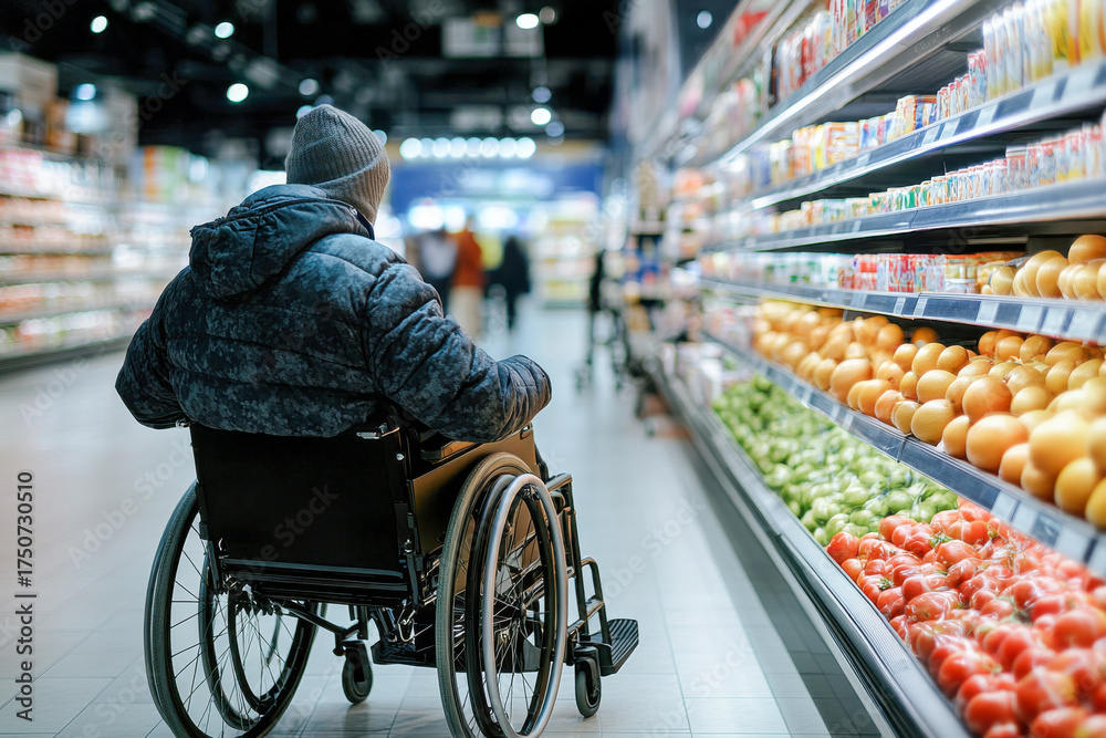 Obraz premium Individual in a wheelchair examines fresh fruits and vegetables on display in a busy supermarket during a bright day