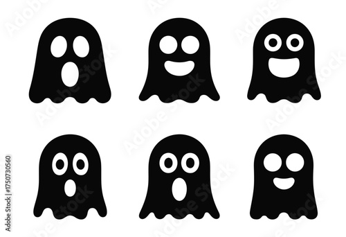 Set of 6 spooky black ghost silhouettes vector illustration icons bundle scalable eps silhouette vector illustration white background