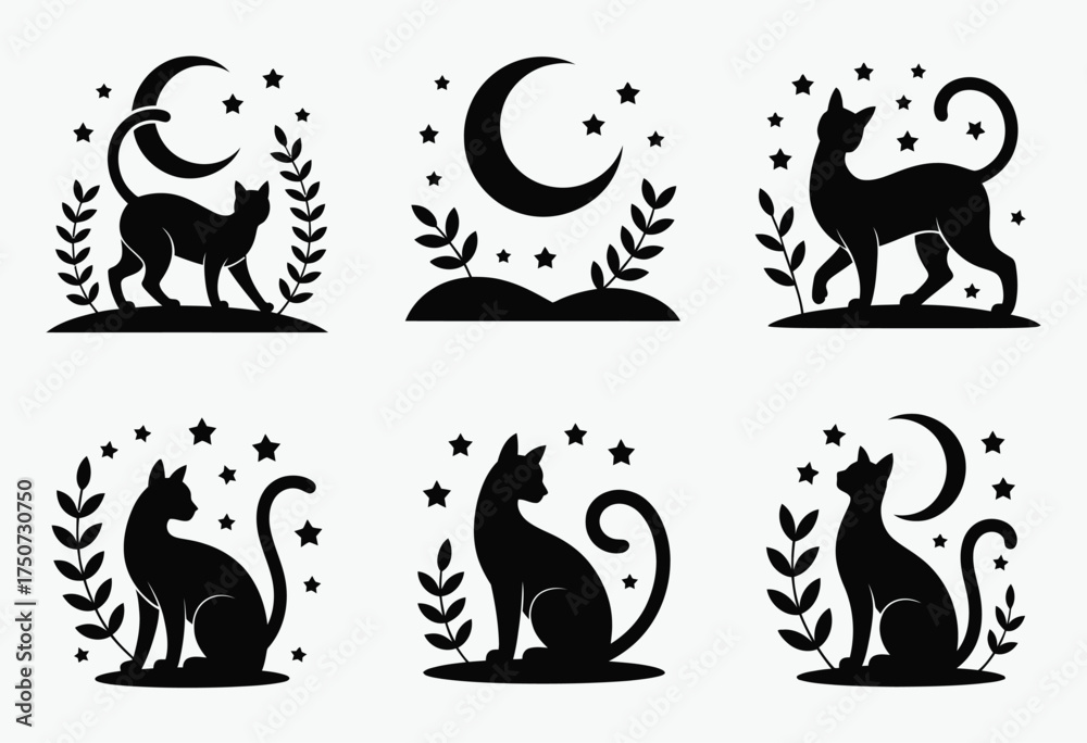 Obraz premium Set of six elegant silhouette illustrations featuring cats moon and stars for vector graphics eps format silhouette vector illustration white background