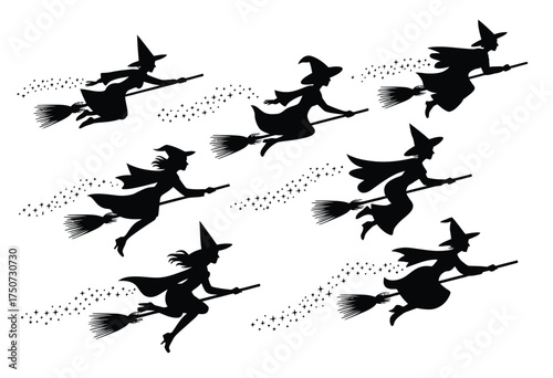 Vector silhouette illustration of six witches flying on brooms with musical notes eps scalable silhouette vector illustration white background
