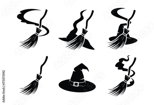 Set of six striking black silhouette witch hats and brooms vector illustration scalable eps icon silhouette vector illustration white background
